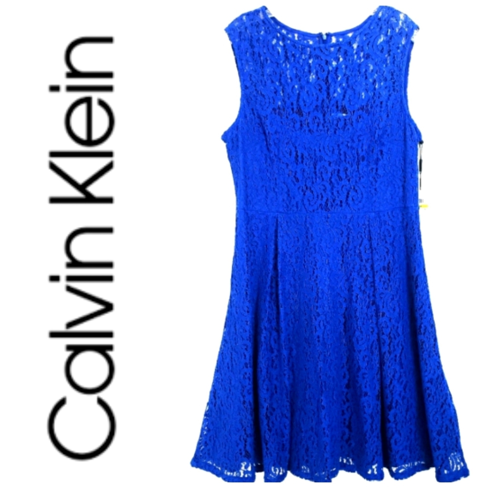 Calvin Klein Royal Blue Gorgeous Lace Sleeveless A Line Knit Dress